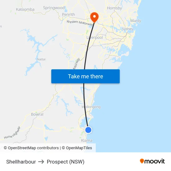 Shellharbour to Prospect (NSW) map