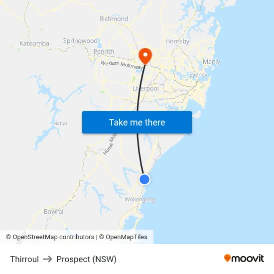 Thirroul to Prospect (NSW) map