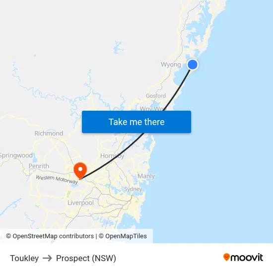 Toukley to Prospect (NSW) map