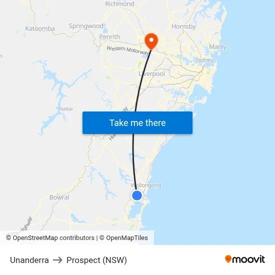 Unanderra to Prospect (NSW) map