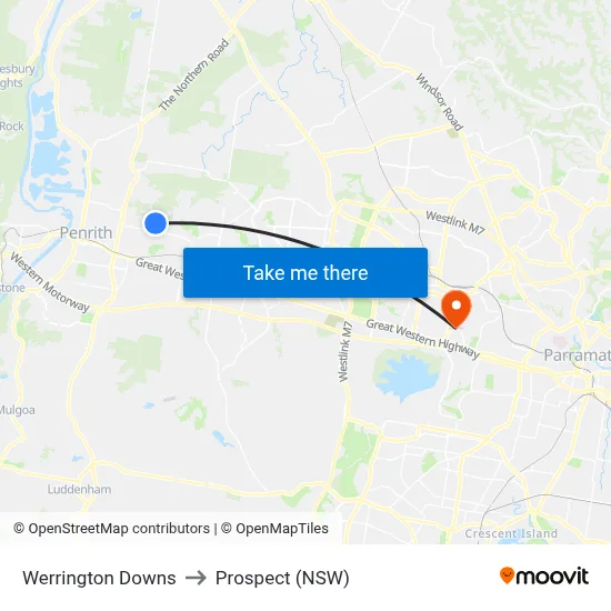 Werrington Downs to Prospect (NSW) map