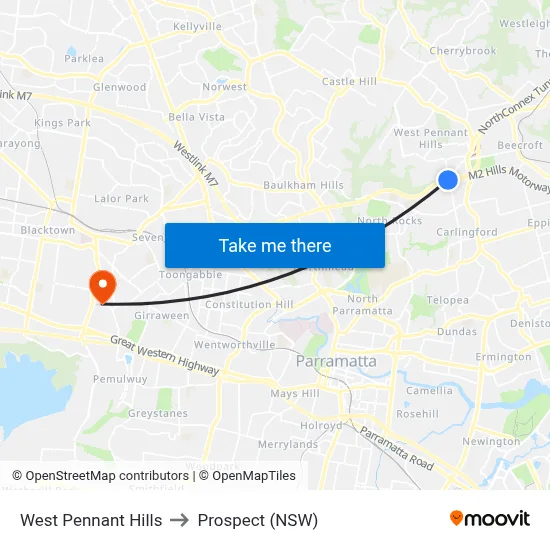 West Pennant Hills to Prospect (NSW) map