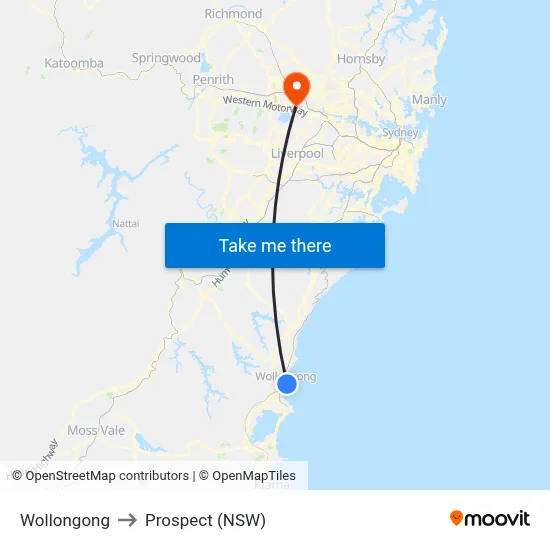 Wollongong to Prospect (NSW) map