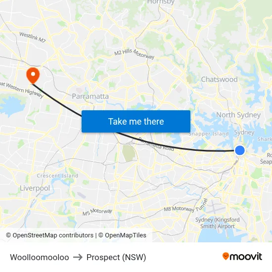 Woolloomooloo to Prospect (NSW) map
