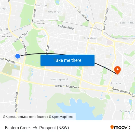 Eastern Creek to Prospect (NSW) map