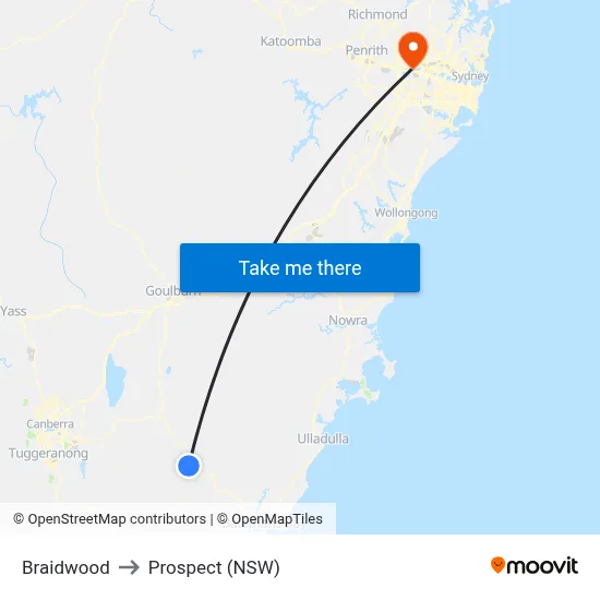 Braidwood to Prospect (NSW) map