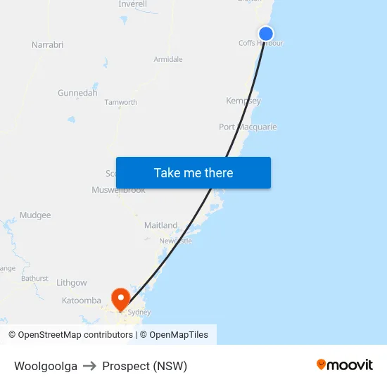 Woolgoolga to Prospect (NSW) map