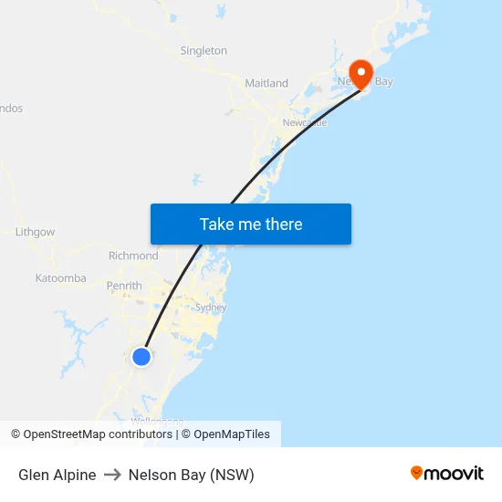 Glen Alpine to Nelson Bay (NSW) map
