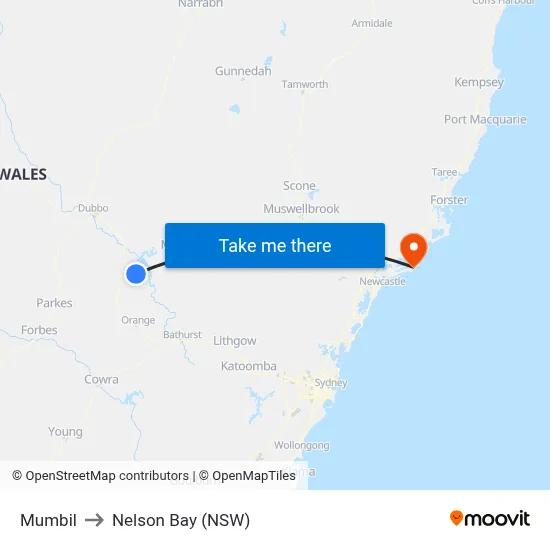 Mumbil to Nelson Bay (NSW) map