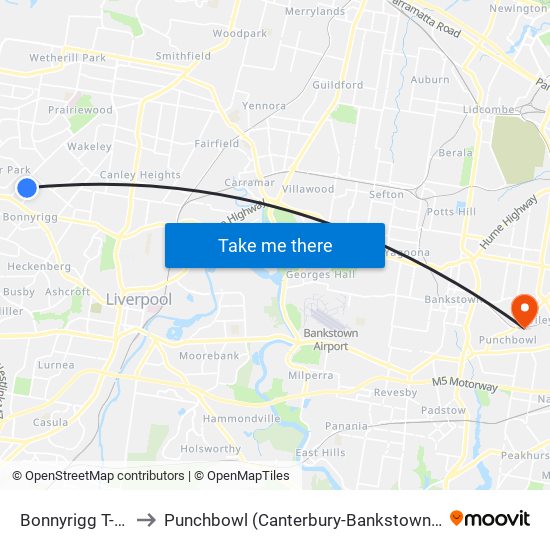 Bonnyrigg T-Way to Punchbowl (Canterbury-Bankstown - NSW) map