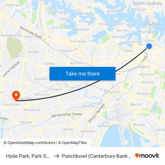 Hyde Park, Park St, Stand C to Punchbowl (Canterbury-Bankstown - NSW) map