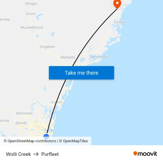 Wolli Creek to Purfleet map