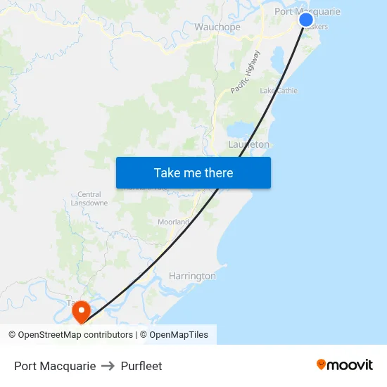 Port Macquarie to Purfleet map