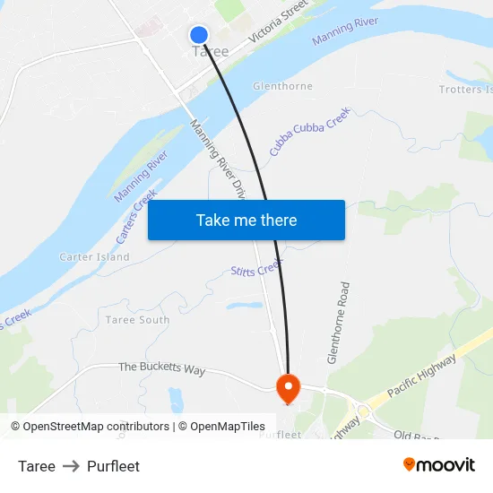 Taree to Purfleet map