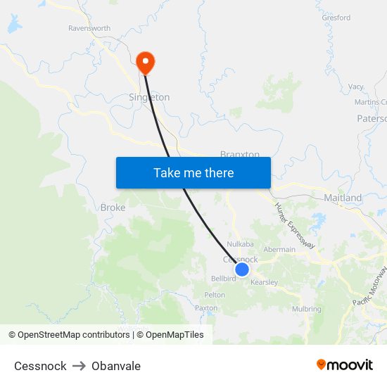 Cessnock to Obanvale map