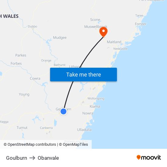 Goulburn to Obanvale map