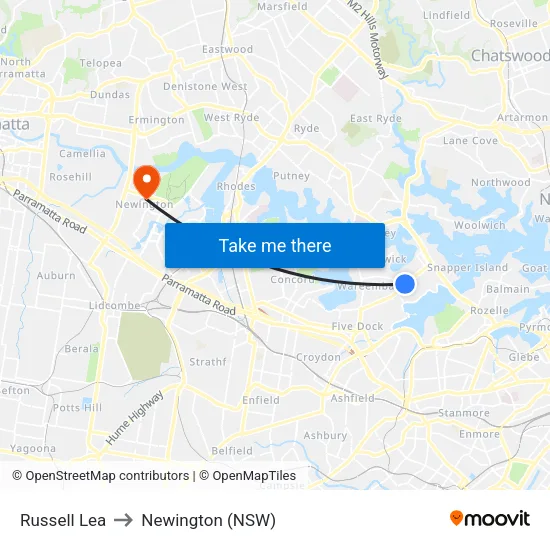 Russell Lea to Newington (NSW) map