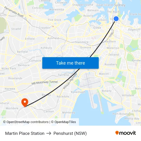 Martin Place Station to Penshurst (NSW) map