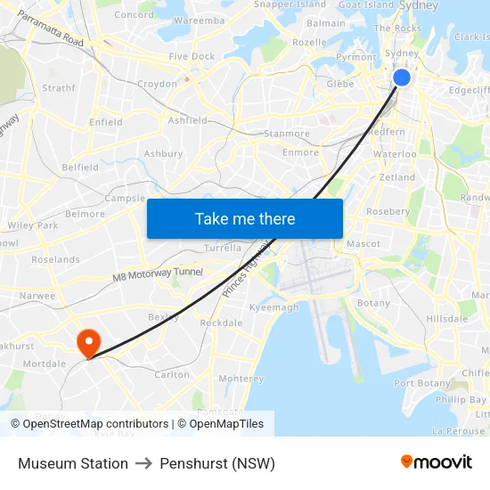 Museum Station to Penshurst (NSW) map