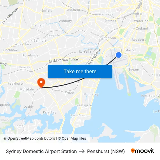Sydney Domestic Airport Station to Penshurst (NSW) map