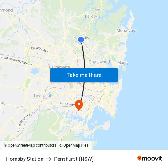 Hornsby Station to Penshurst (NSW) map