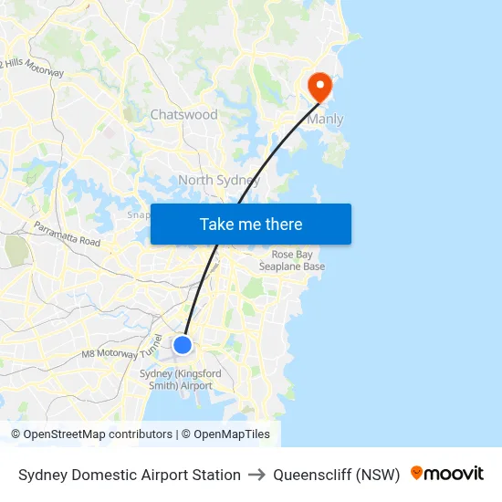 Sydney Domestic Airport Station to Queenscliff (NSW) map