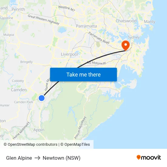 Glen Alpine to Newtown (NSW) map