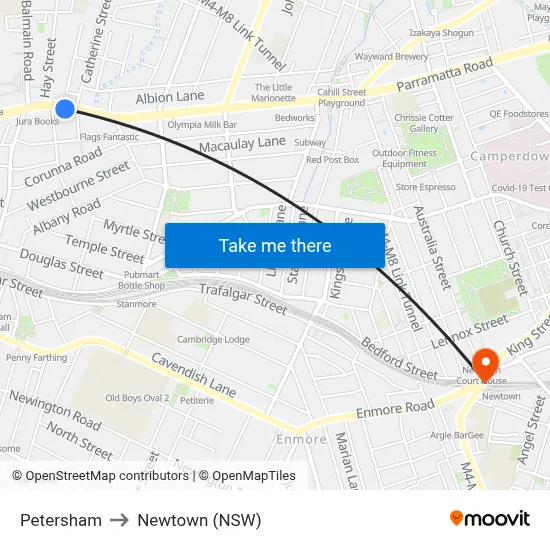 Petersham to Newtown (NSW) map