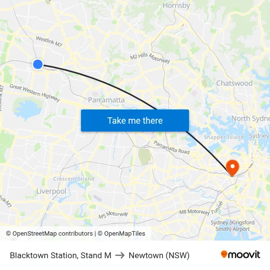 Blacktown Station, Stand M to Newtown (NSW) map