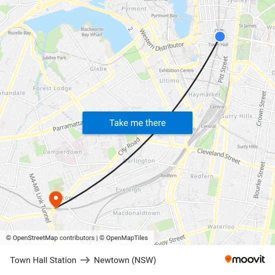 Town Hall Station to Newtown (NSW) map