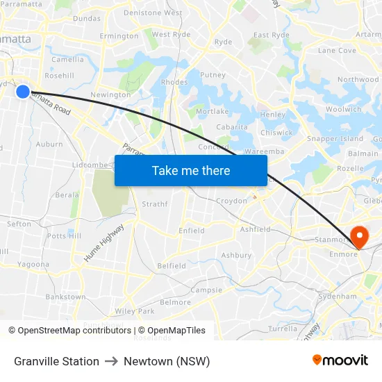 Granville Station to Newtown (NSW) map