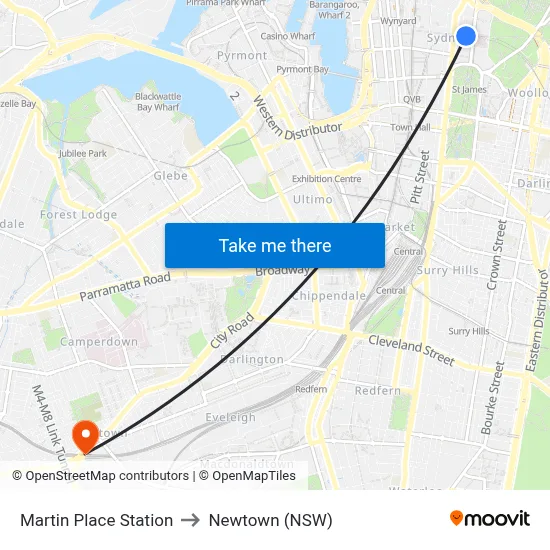 Martin Place Station to Newtown (NSW) map