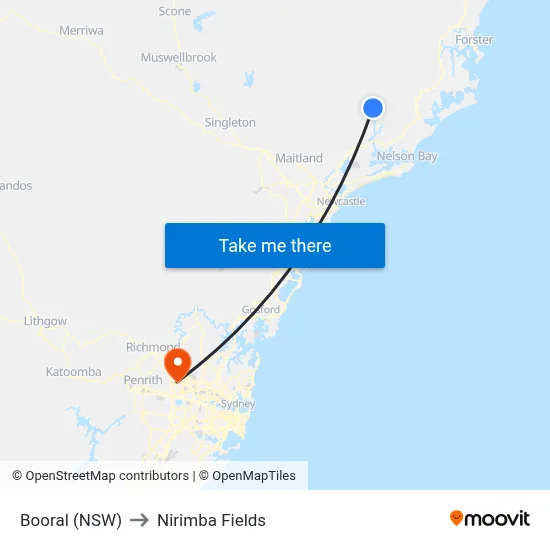 Booral (NSW) to Nirimba Fields map