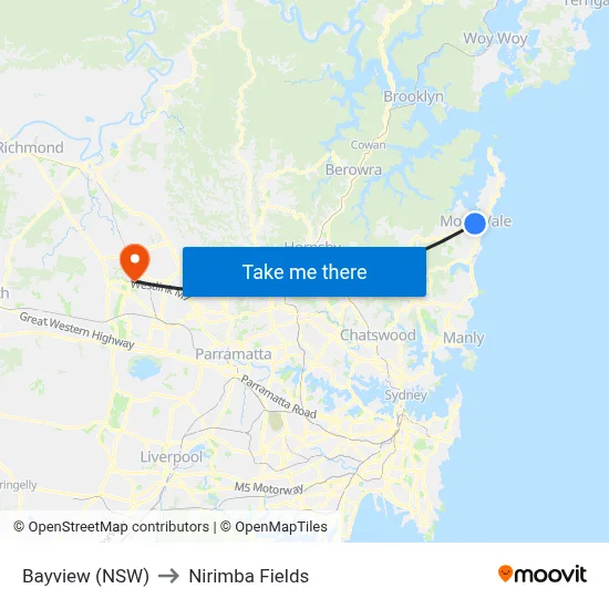 Bayview (NSW) to Nirimba Fields map