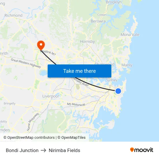Bondi Junction to Nirimba Fields map