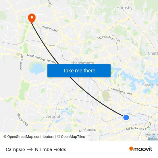 Campsie to Nirimba Fields map