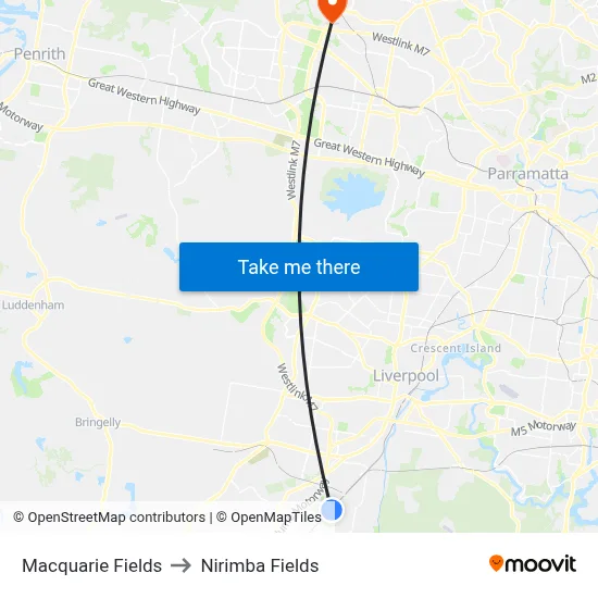 Macquarie Fields to Nirimba Fields map