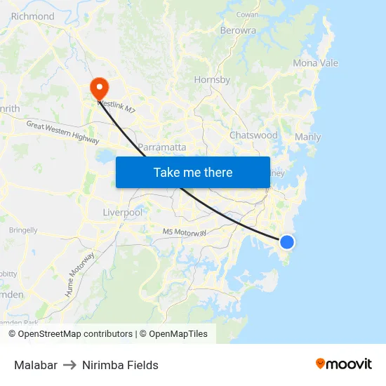 Malabar to Nirimba Fields map