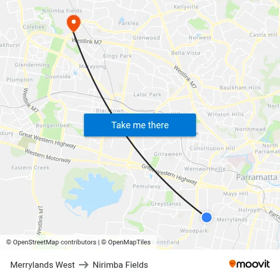 Merrylands West to Nirimba Fields map