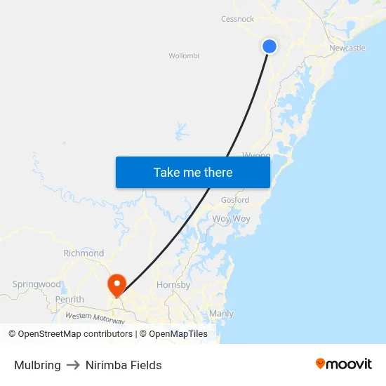 Mulbring to Nirimba Fields map