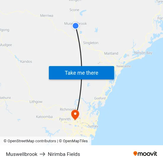 Muswellbrook to Nirimba Fields map