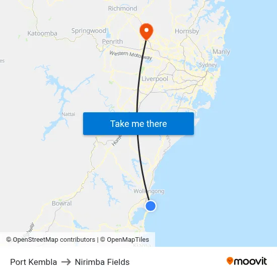 Port Kembla to Nirimba Fields map