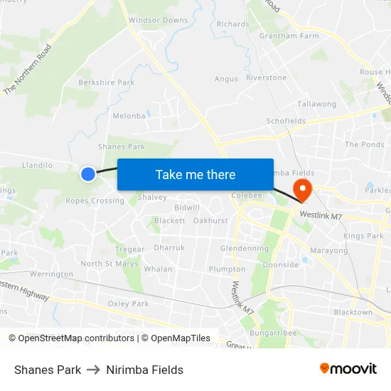 Shanes Park to Nirimba Fields map