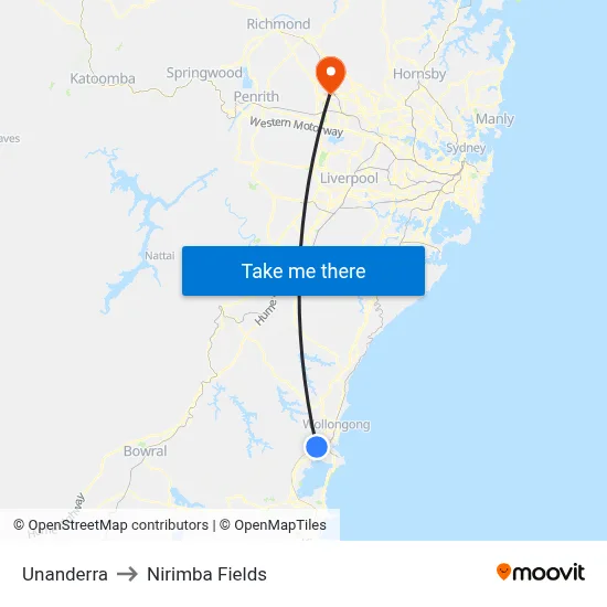 Unanderra to Nirimba Fields map