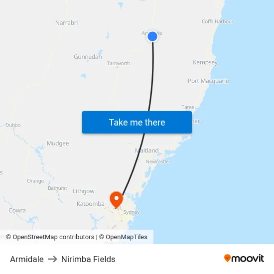 Armidale to Nirimba Fields map