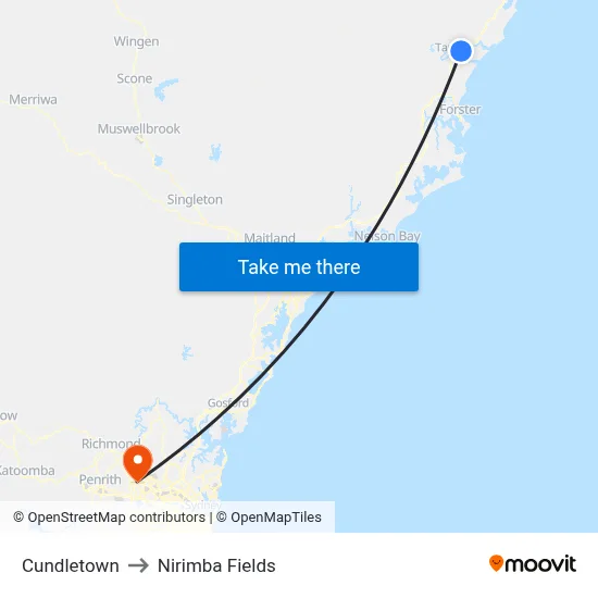 Cundletown to Nirimba Fields map
