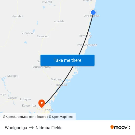 Woolgoolga to Nirimba Fields map