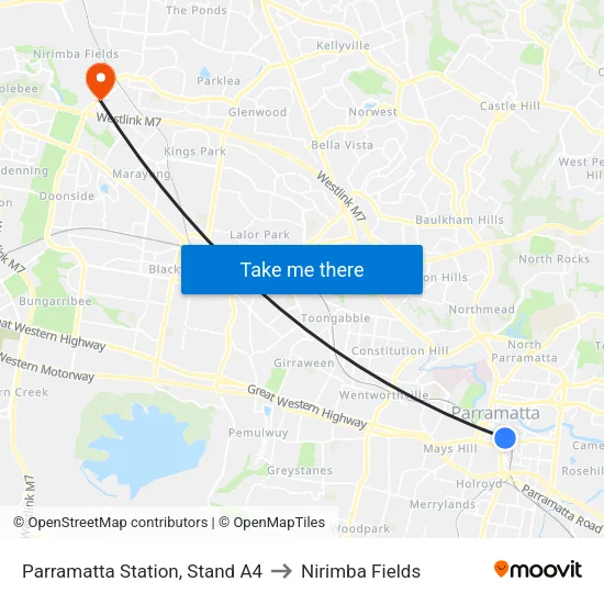 Parramatta Station, Stand A4 to Nirimba Fields map