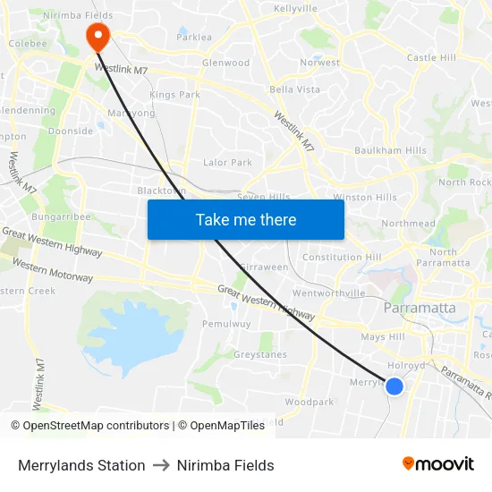 Merrylands Station to Nirimba Fields map