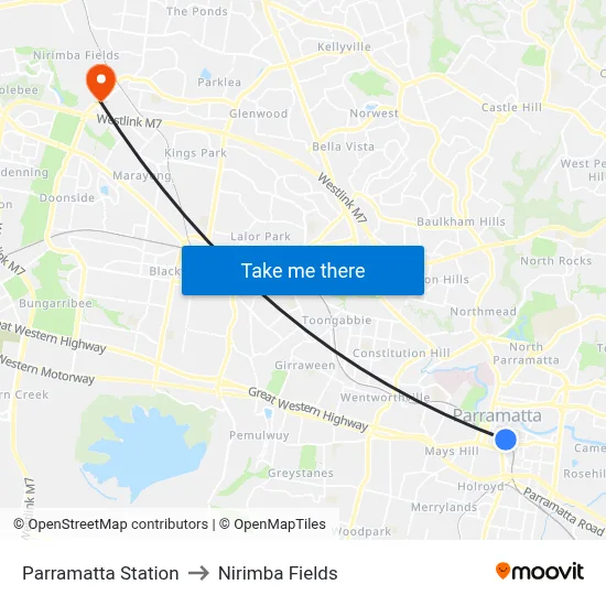 Parramatta Station to Nirimba Fields map